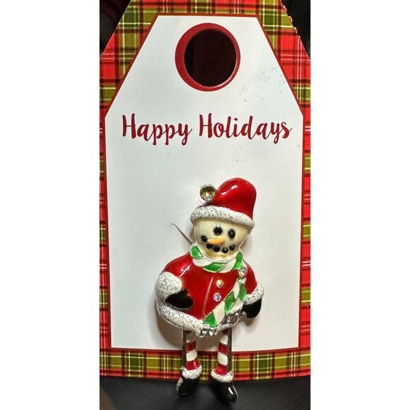 Vintage Inspired Happy Holidays Santa Snowman Brooch Pin Rhinestone Scarf - Picture 3 of 8